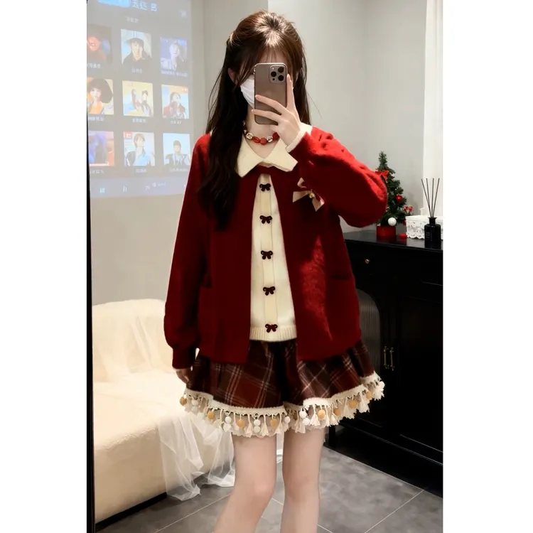 2026新年穿搭娃娃领假两件女冬毛衣针织开衫格纹裙学院风两件套装