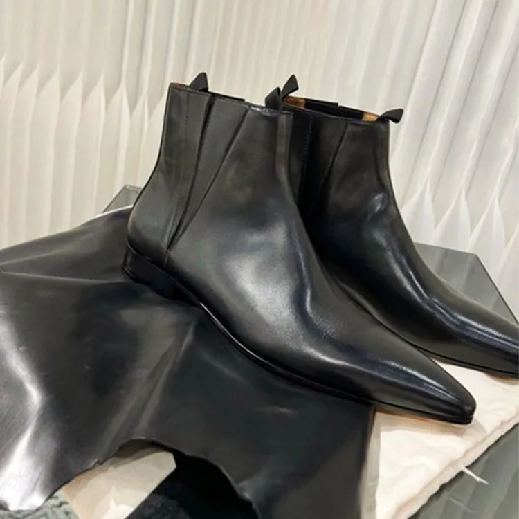 【澳门专柜正品】牛皮版~秋冬新款高级感口尖头低跟切尔西靴子短筒