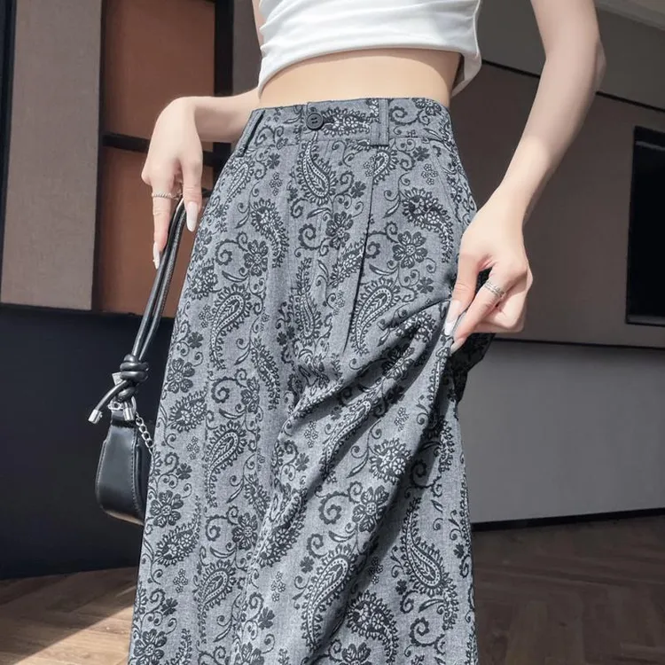 腰果印花亚麻宽裤女夏薄款高级感垂感西装裤宽松直筒休闲拖地裤