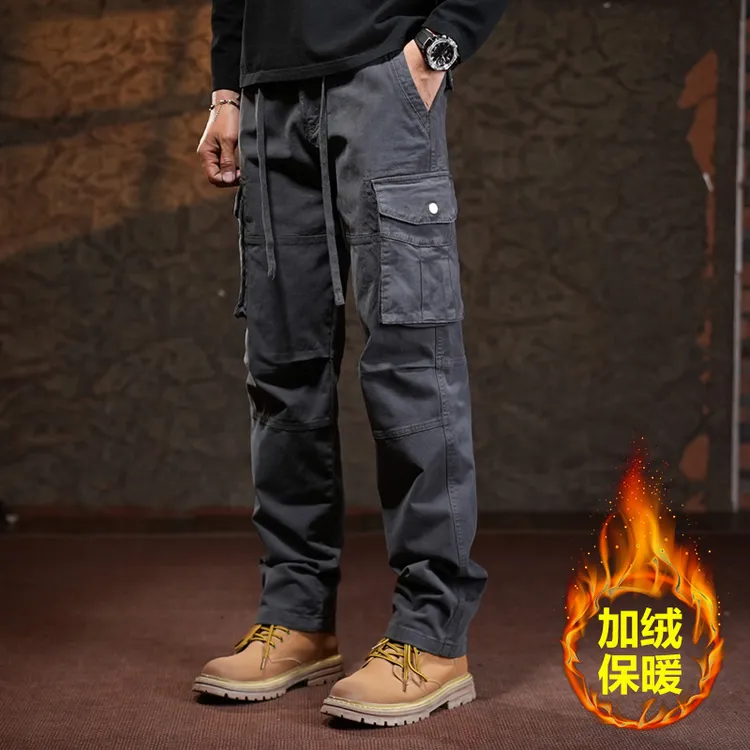 美式复古直筒多口袋工装裤子男秋冬季2025新款宽松男士加绒休闲裤