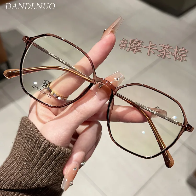 纯钛超轻茶色近视眼镜女多边形素颜神器显脸小金丝平光镜可配度数商品图