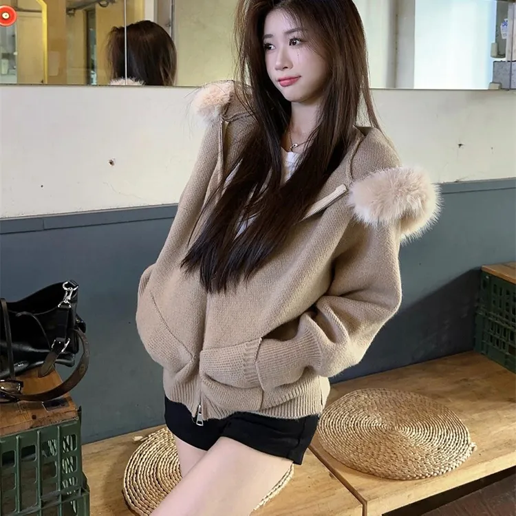 小香风连帽大毛领毛衣女2024年冬新款慵懒风宽松针织开衫外套上衣