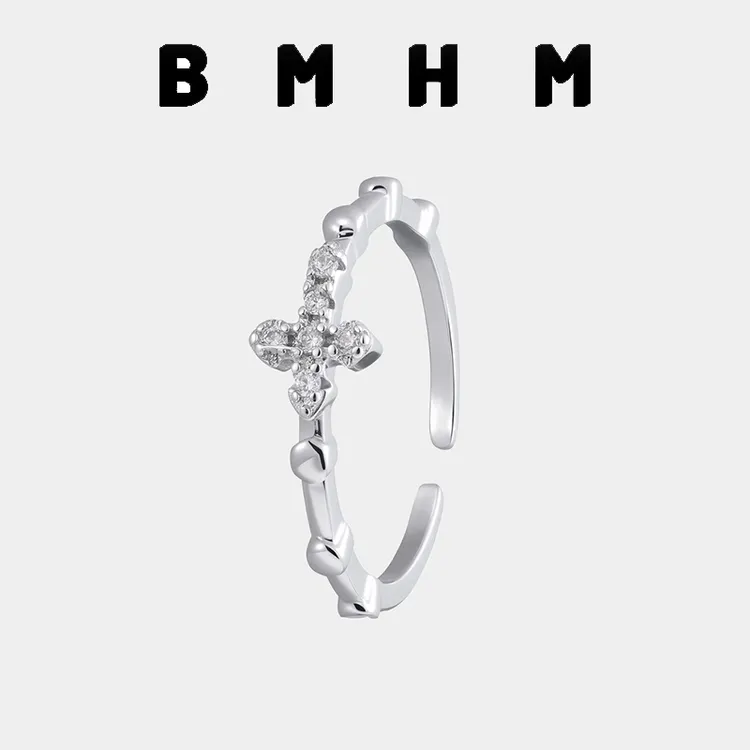 BMHM 铜合金锆石戒指 十字架戒指开口高级感设计小众轻奢ins风格
