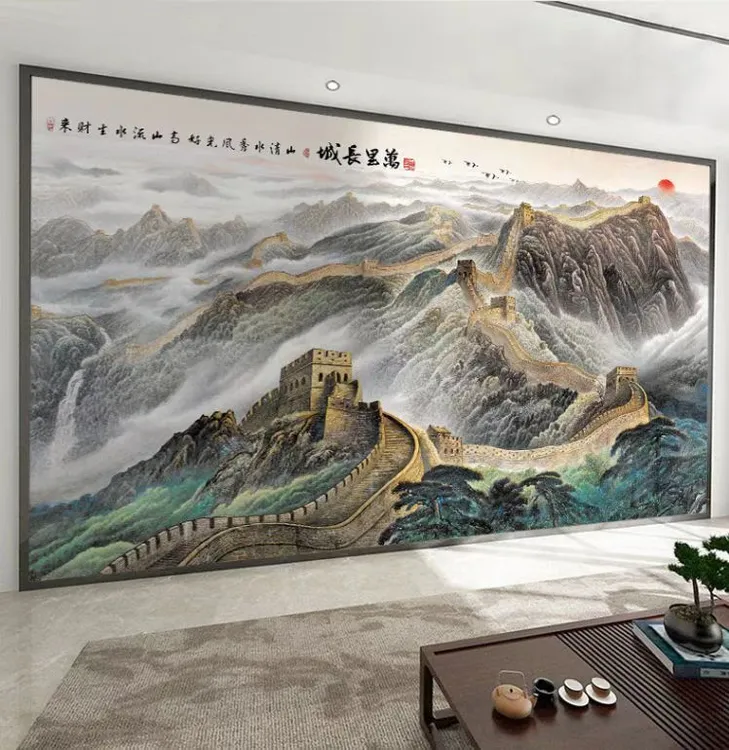 墙贴2025自粘壁纸山水风景画客厅壁画中式长城壁纸电视背景墙壁布