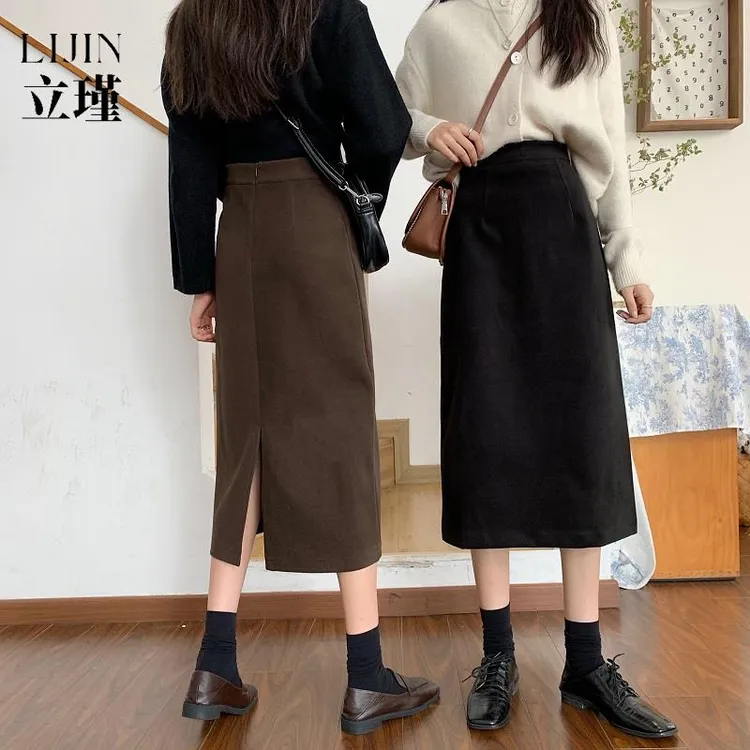 半身裙女秋冬2025新款毛呢高腰覆古开叉设计感a字裙中长裙子