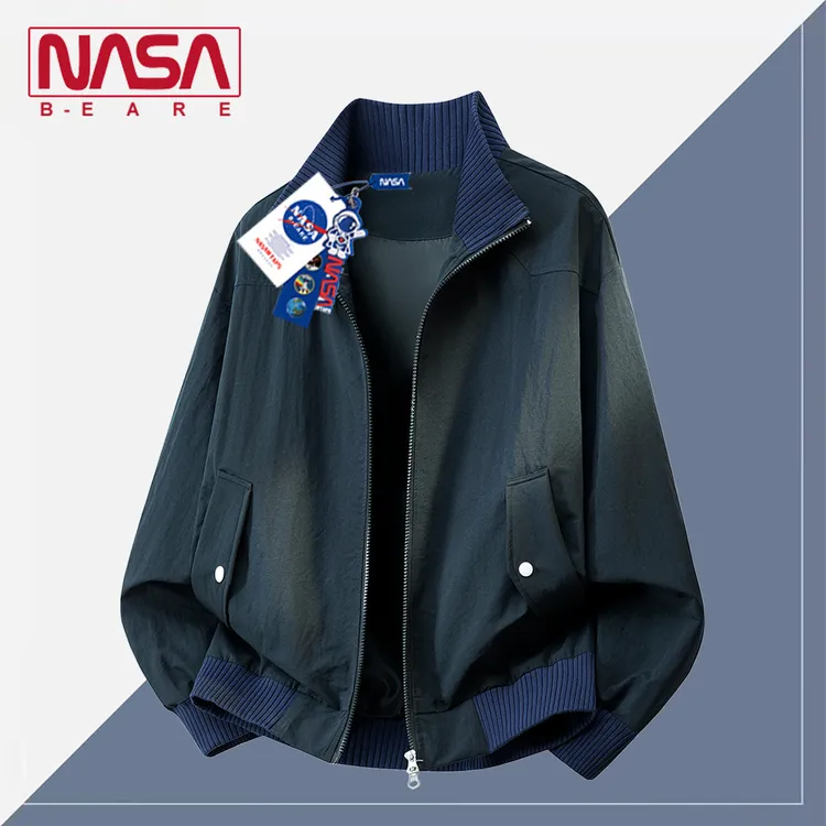 NASA联名深蓝色立领夹克男款夏季美式潮牌boxy外套正肩短款棒球服