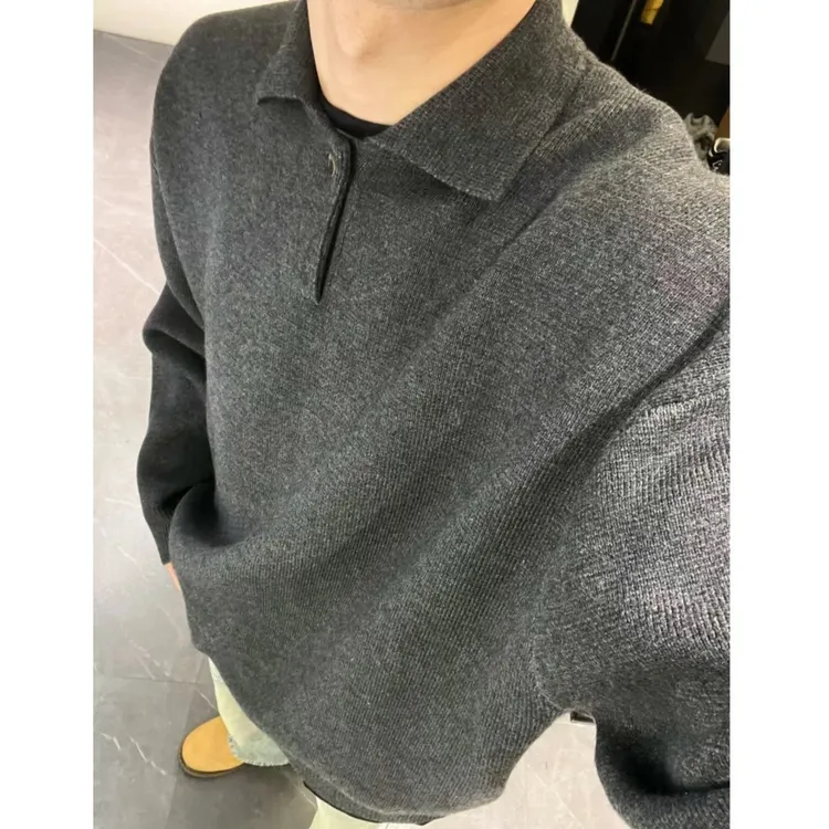 老钱风polo领针织衫男女款秋季正肩灰色毛衣慵懒风高级感情侣外套