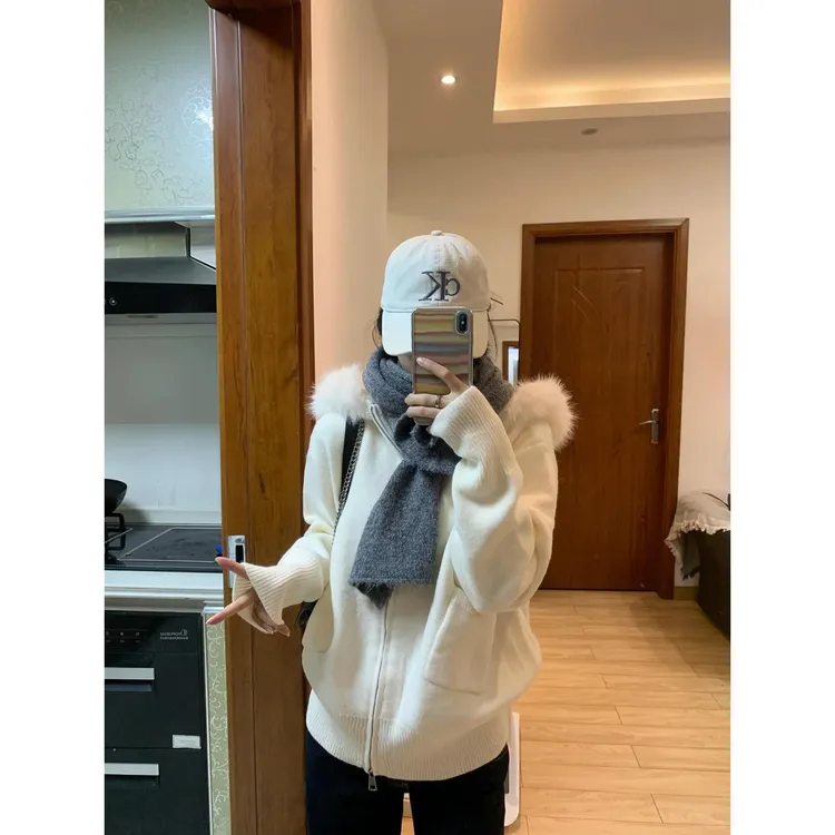 FALLME秋冬季连帽拉链毛针织衫外套女新款韩系纯欲慵懒风毛领开衫