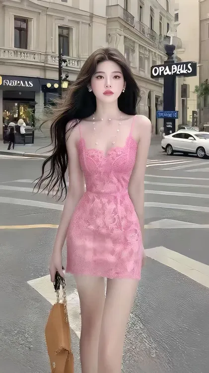 夏季新款氛围感性感纯欲辣妹风粉色低领吊带收腰包臀蕾丝连衣裙女