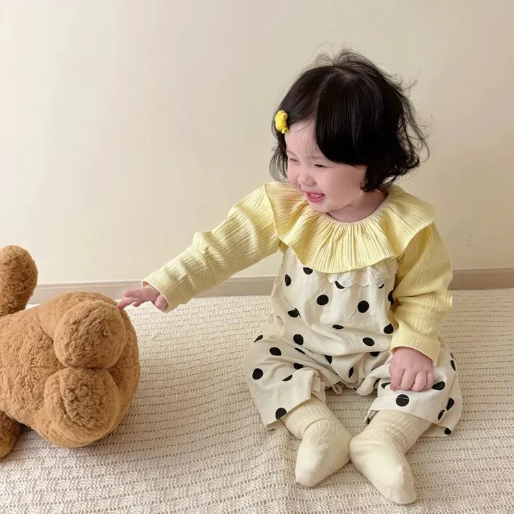 ins韩版女宝宝春秋款波点吊带花边长款婴儿背带裤外出连体衣套装