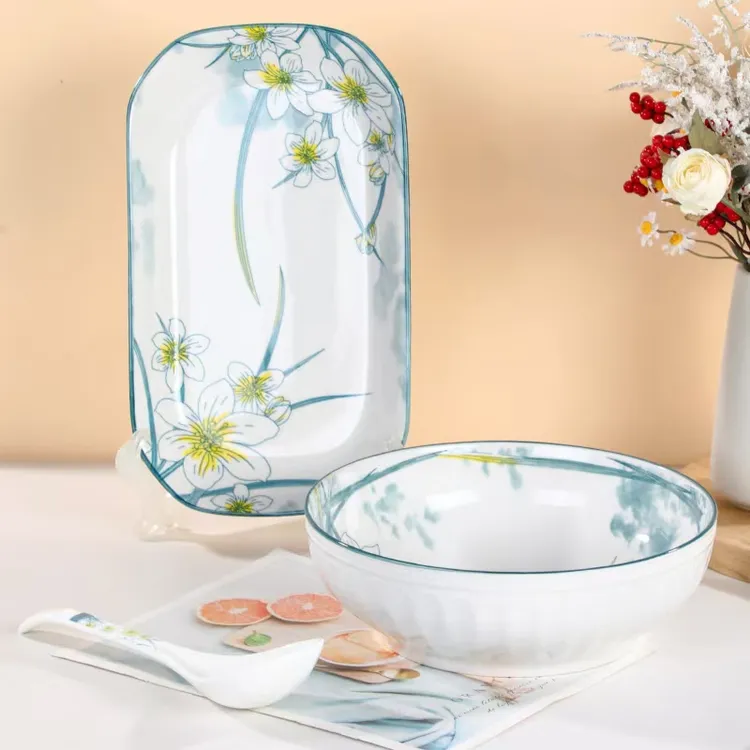 水仙花3件套家用陶瓷套装餐具（30厘米鱼盘+9英寸汤碗+大汤勺）中式