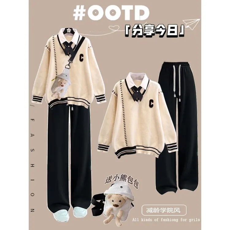 范哲萨学院风假两件毛衣女2025新款大童初中学生套装外穿针织衫韩