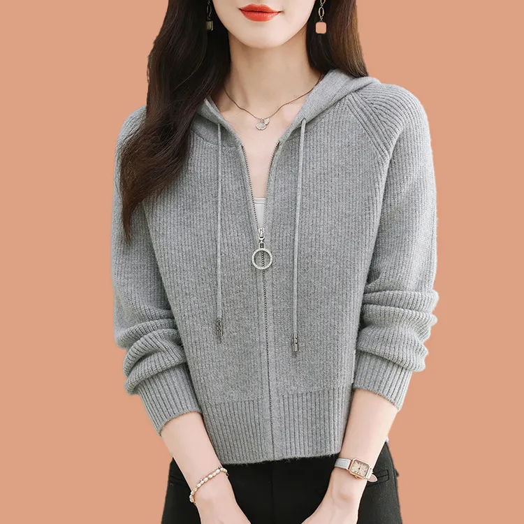 鄂尔多斯市纯100羊毛衫女春秋针织开衫毛衣外套短款拉链连帽卫衣