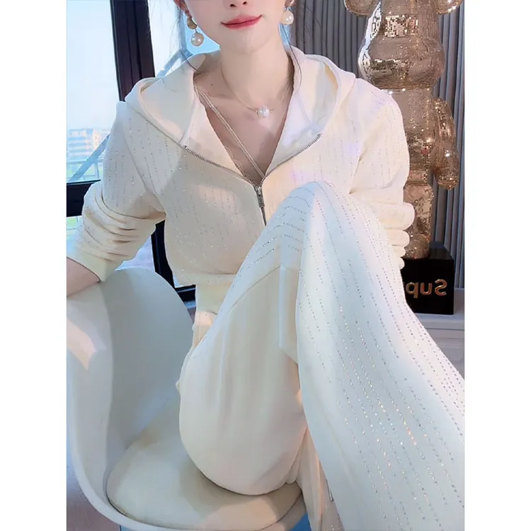 2025冬季新款法式轻奢镶钻设计卫衣外套休闲长裤加绒保暖两件套装