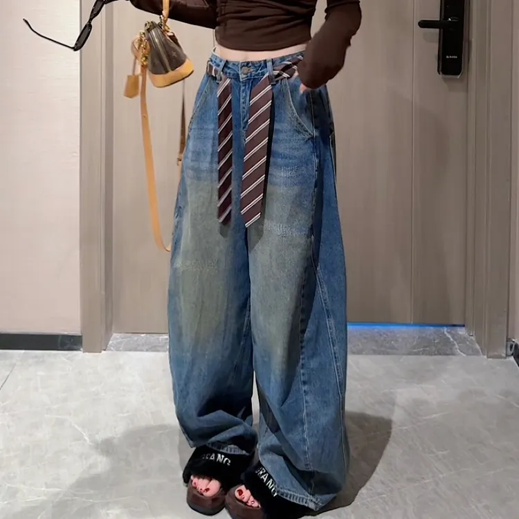 【CCDZ】早秋新款时尚百搭高腰显瘦水洗复古牛仔弯刀裤女