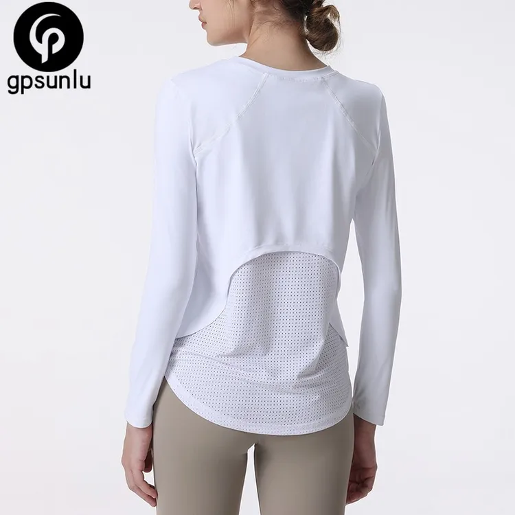 GPSUNLU瑜伽服女长袖跑步运动上衣宽松显瘦网孔透气圆领t恤健身罩