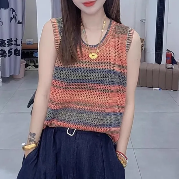 固质渐变桔色条纹镂空针织背心女夏装新款宽松休闲无袖罩衫上衣潮