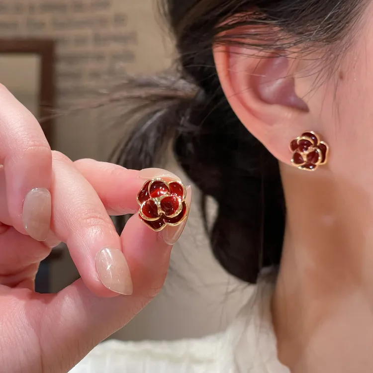 勃艮第红色花朵复古耳钉经典百搭轻奢气质耳饰R3018