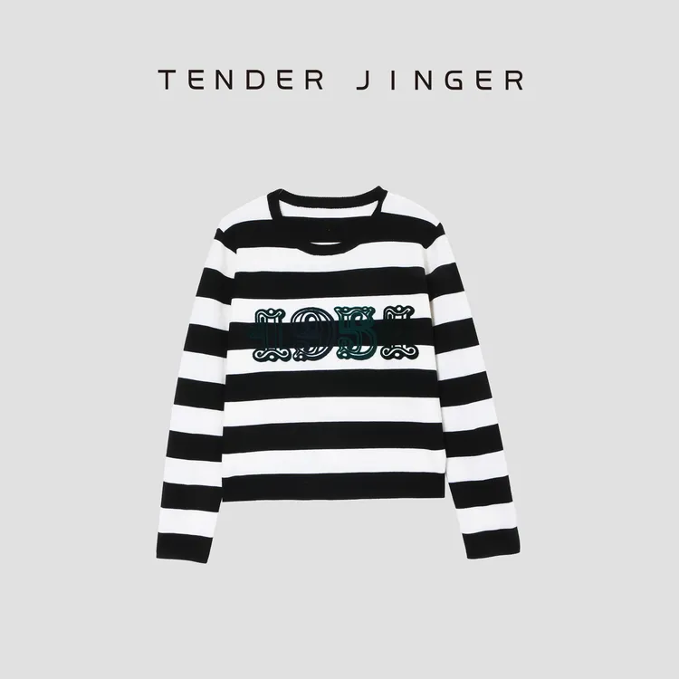 Tender Jinger【黑标】立体数字条纹休闲羊毛针织衫T54BBS50060
