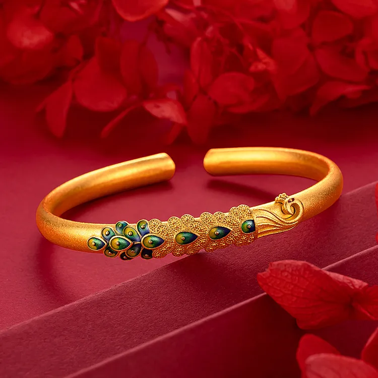 铜合金手镯 国风珐琅孔雀开口手镯强保色古法贵气高雅妈妈镯子