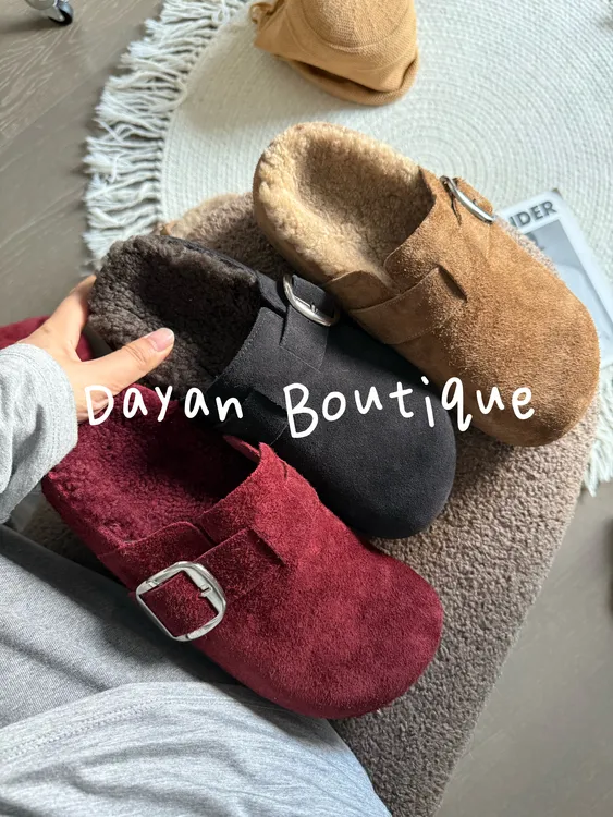 皮带扣牛皮羊毛秋冬保暖包头半拖鞋女外穿厚底2025冬季毛毛拖防滑