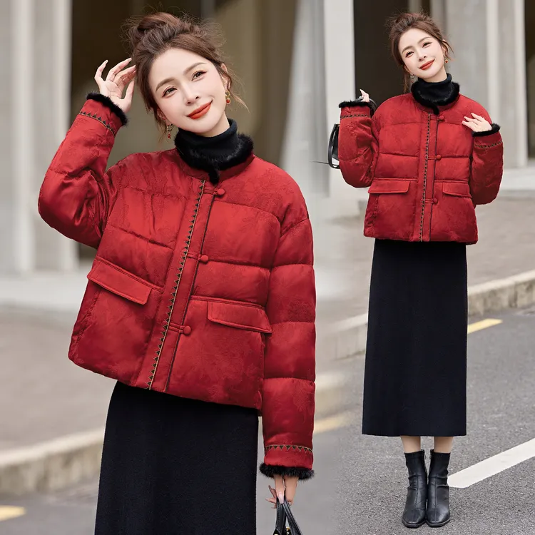 现货现货2025年冬季短款刺绣水貂毛羽绒服时尚保暖加厚红色洋气