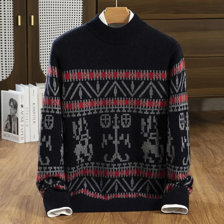 高端半高领羊毛衫男秋冬时尚费尔岛提花针织衫洋气保暖毛衣打底衫