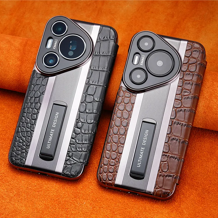 适用华为Pura80Pro+真皮鳄鱼纹支架手机壳高档商务Pura70翻盖防摔