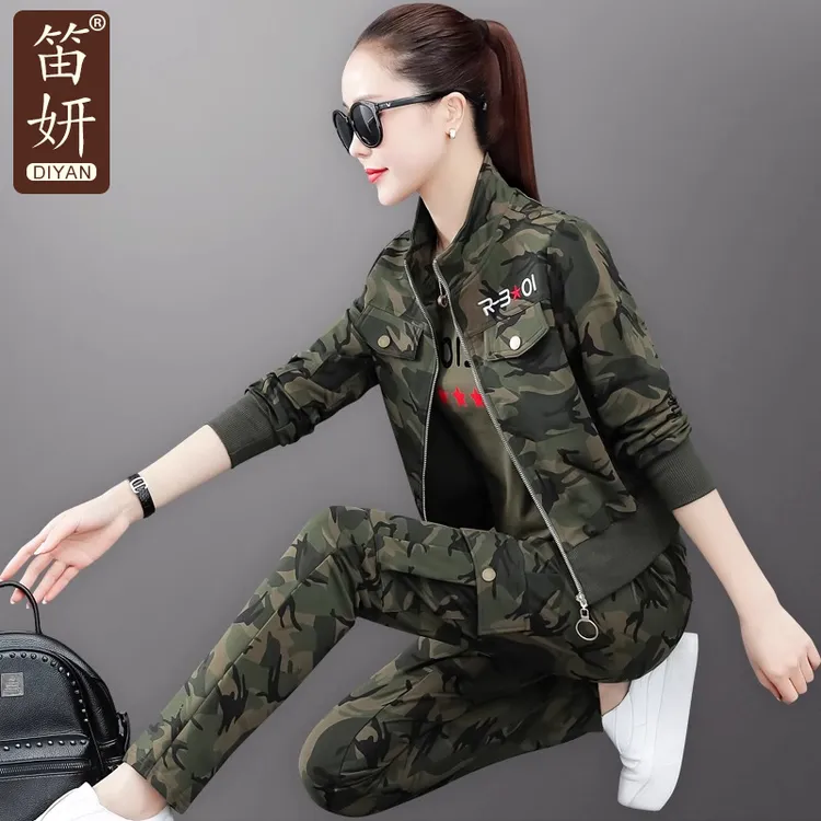 迷彩服套装女春秋2025年新款时尚韩版宽松洋气户外休闲运动三件套