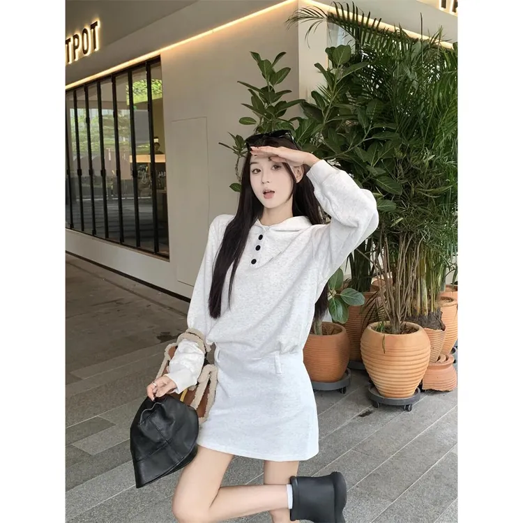 学院风针织连帽长袖卫衣裙女2025秋季新款收腰小个子减龄连衣裙子