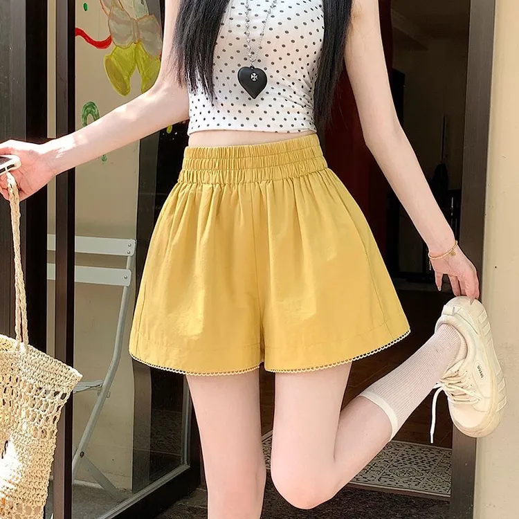 蕾丝花边松紧高腰阔腿短裤女夏新款宽松显瘦外穿休闲花苞宽松短裤