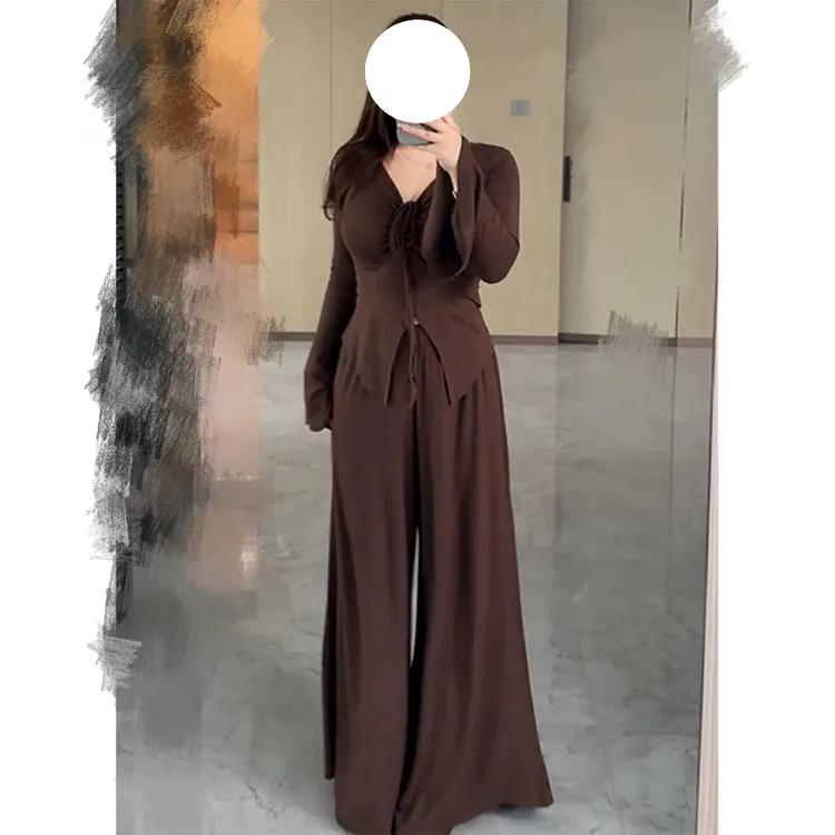 大码胖mm韩系慵懒别致v领上衣25063休闲阔腿裤裙套装