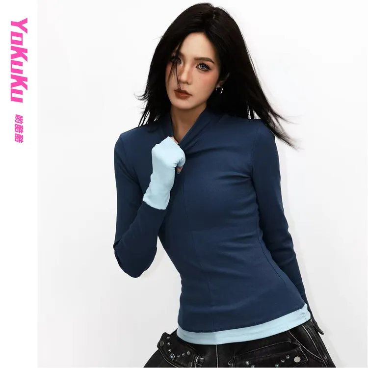 哟酷酷（蓝桃秘语）秋冬打底衣时尚简约撞色拼接百搭修身显瘦高领