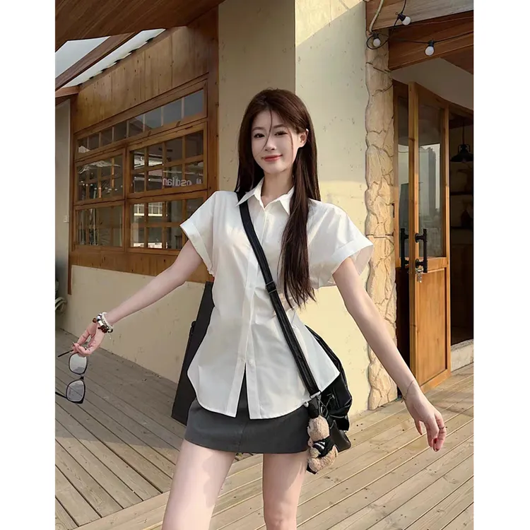 韩版复古白色纯棉短袖衬衫女夏季2025新款系带收腰衬衣小众上衣潮