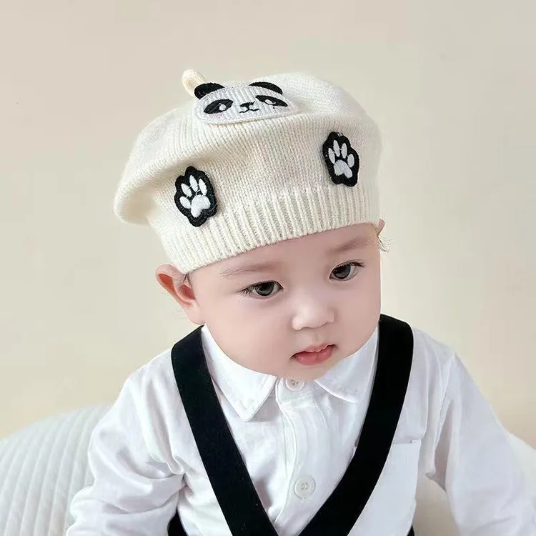 婴儿帽子春秋婴幼儿贝雷帽可爱熊猫男女宝宝毛线帽儿童蓓蕾帽针织