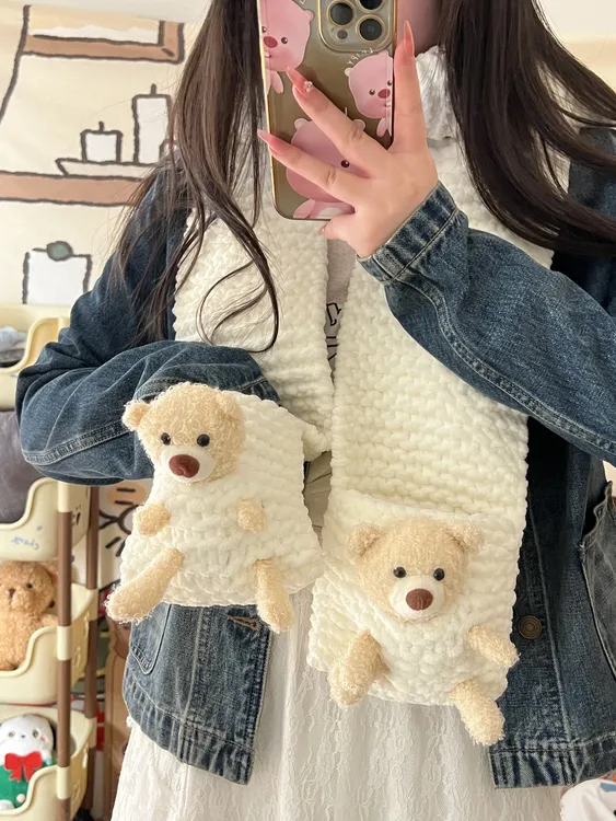 【高质量】围巾手工编织diy口袋小熊毛线手织材料包送女朋友礼物