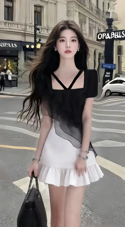 夏季新款轻奢高级黑白撞色方领短袖收腰连衣裙女时尚气质显瘦女装