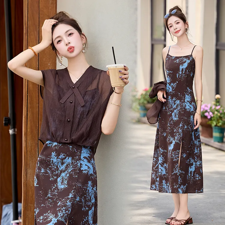 法式高级感气质印花套装女2025夏季新款镂空蕾丝上衣吊带裙两件套