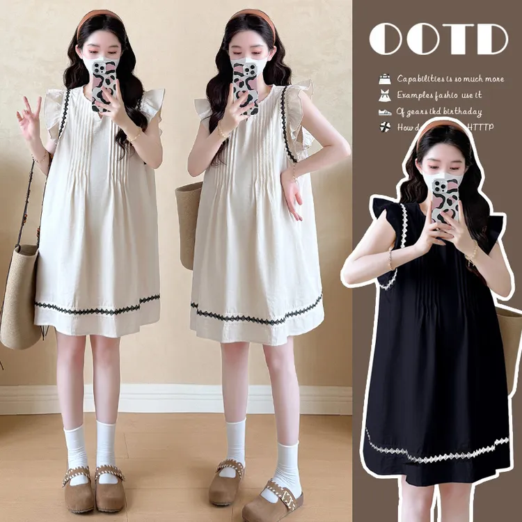 2025孕妇新款夏季韩版简约洋气时尚民族风V领小飞袖大码连衣裙女