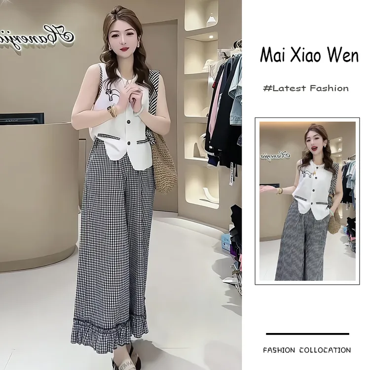夏季流行穿搭整套新款2025韩系休闲风无袖上衣格纹花边阔腿裤套装