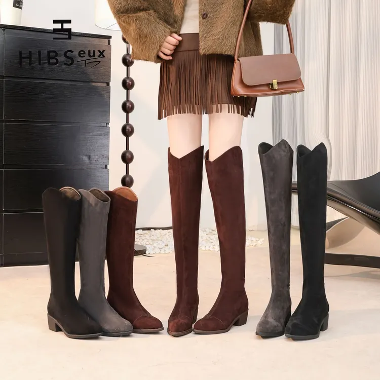 Hibseux/槿奢冬季上新款V口设计长筒靴显瘦女款过膝靴