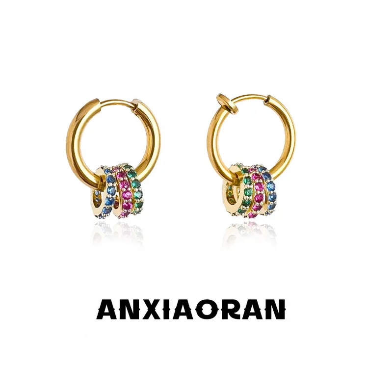 合金锆石耳饰 金色素圈耳环女炫彩小蛮腰耳圈镶钻耳夹耳扣时尚