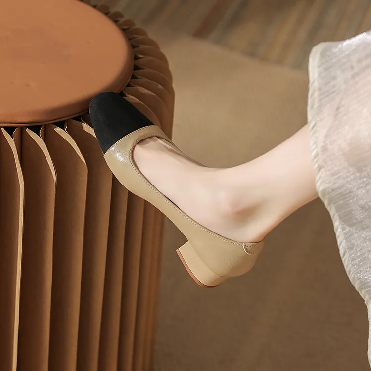 秋季法式复古女鞋小香风单鞋气质百搭粗跟浅口超软耐脏透气跟鞋