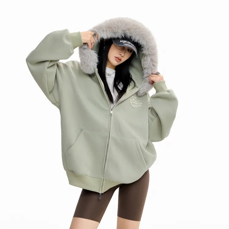 ICH MODE 美式复古珍珠毛领连帽外套女2025新款秋季上衣开衫卫衣