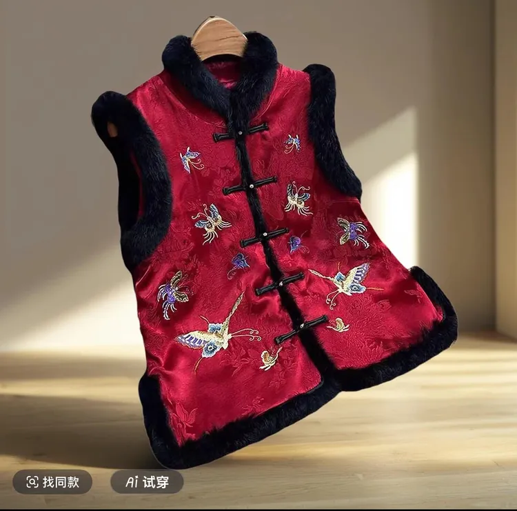 加厚刺绣拼接短款女冬季中式厚款国潮冬季马夹绣花红色马甲