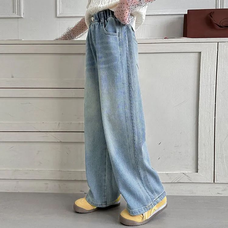 女大童2025春季牛仔裤洋气宽松阔腿裤小女孩春秋直筒拖地休闲