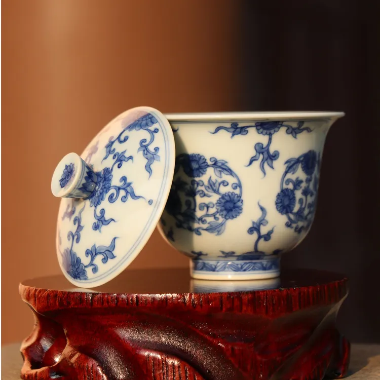 非遗手作慈万堂青花团菊纹盖碗传统制瓷技艺精工手绘高性价比茶具