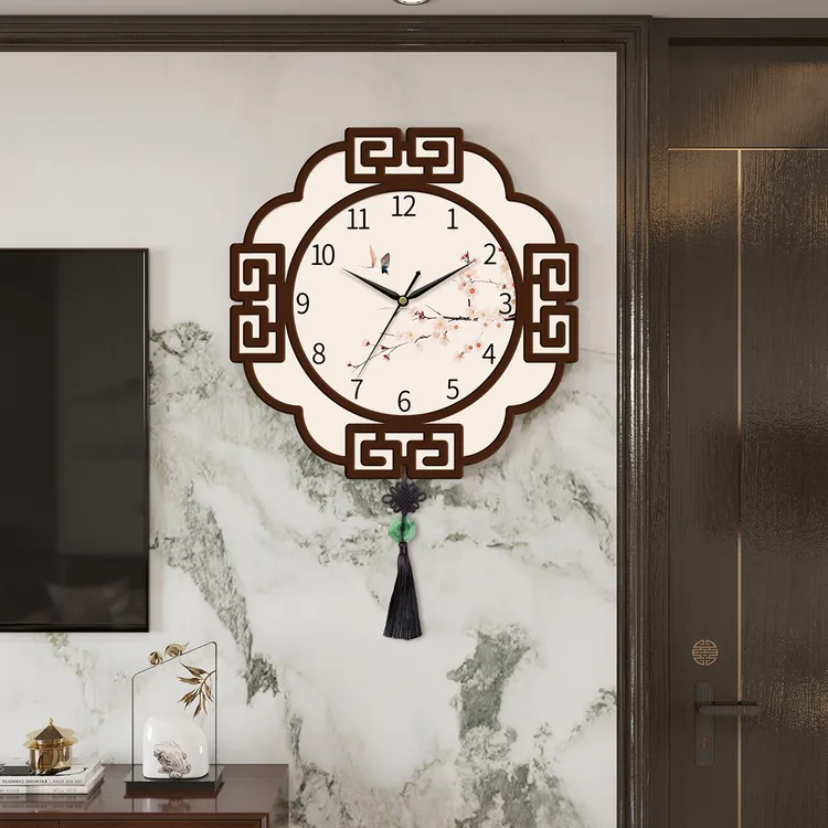 中国风挂钟客厅家用钟表免打孔装饰画静音创意时钟挂墙万年历挂表