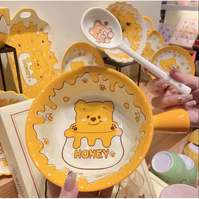 【蜂蜜小熊】6英寸手把碗加勺子陶瓷釉下彩工艺好物餐具套装易清洗