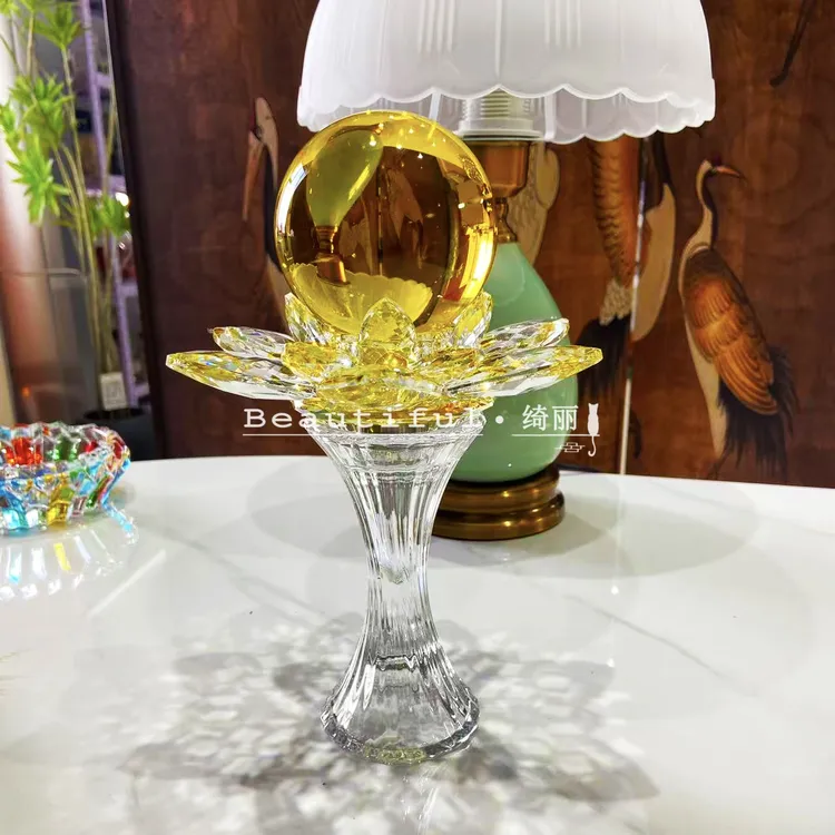 单只-轻奢小蛮腰黄色莲花水晶球摆件水晶把手莲花底座掌上明珠